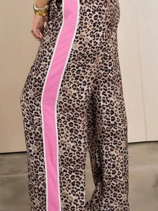 Pants - Boutique Pink Leopard Wide Leg Pant Brown & Pink Jaguar M L